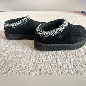 UGG Kids Black Suede Slip-On Clog Slippers with Woven Trim